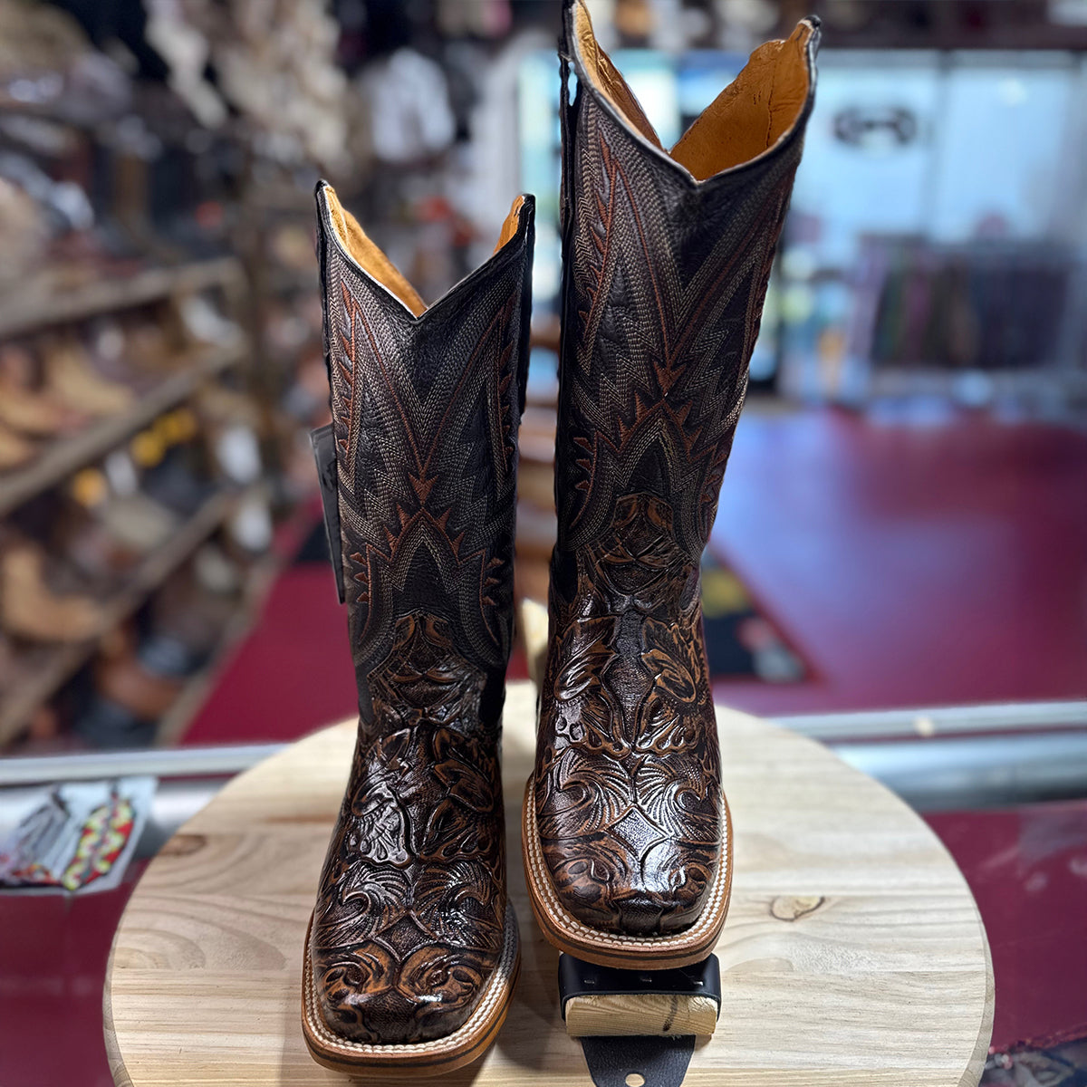 Brown Tooled Square-Toe Cowgirl Boots