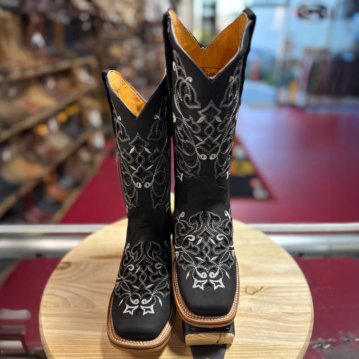 Laser-Cut Black Cowgirl Boots with Stylish Square Toe