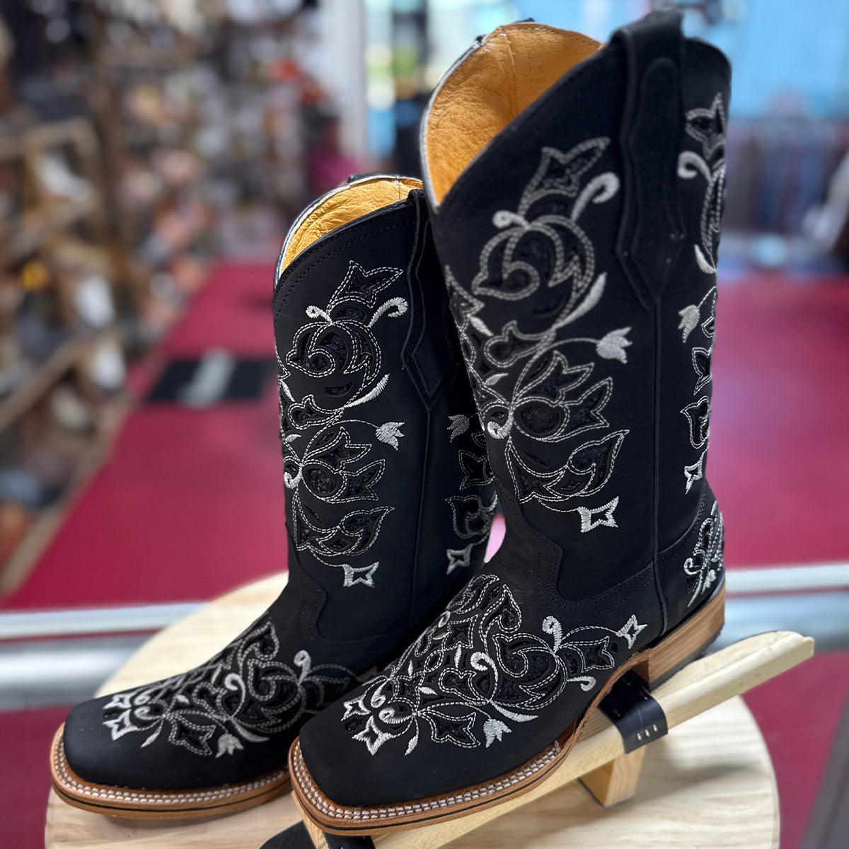 Laser-Cut Black Cowgirl Boots with Stylish Square Toe