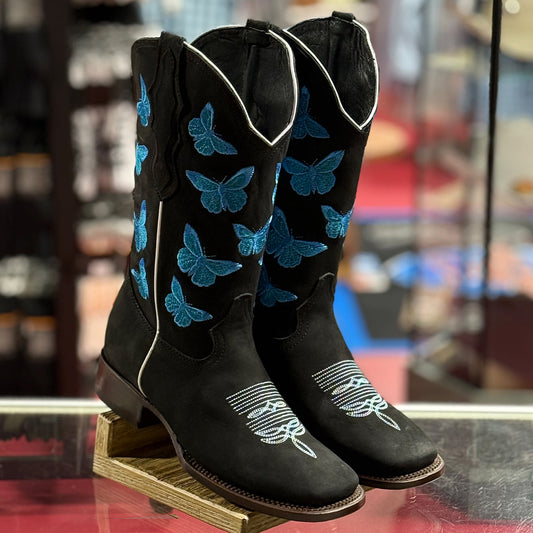 Black Square-Toe Cowgirl Boots with Blue Butterfly Accents
