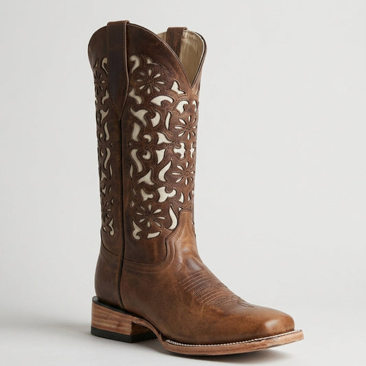 Coco Brown Laser-Patterned Cowgirl Boots with Square Toe