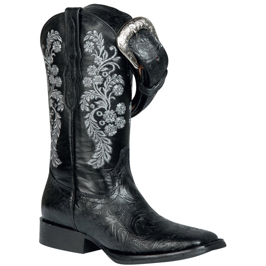 Black Tooled Cowgirl Boots with Square Toe