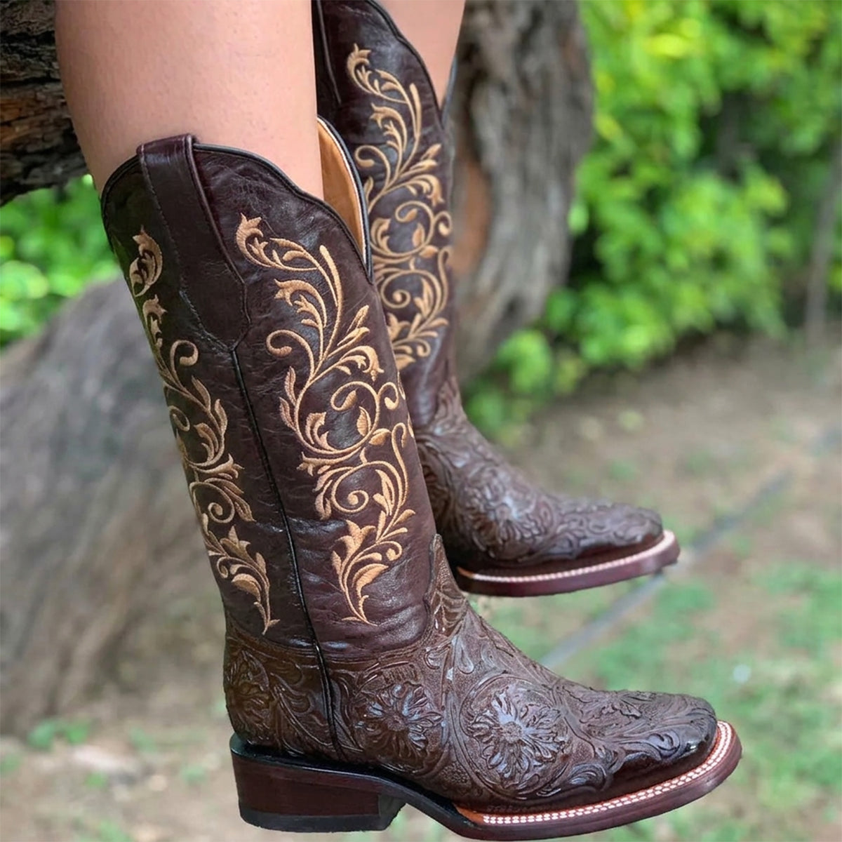 Doble R Floral Tooled Square-Toe Cowgirl Boots
