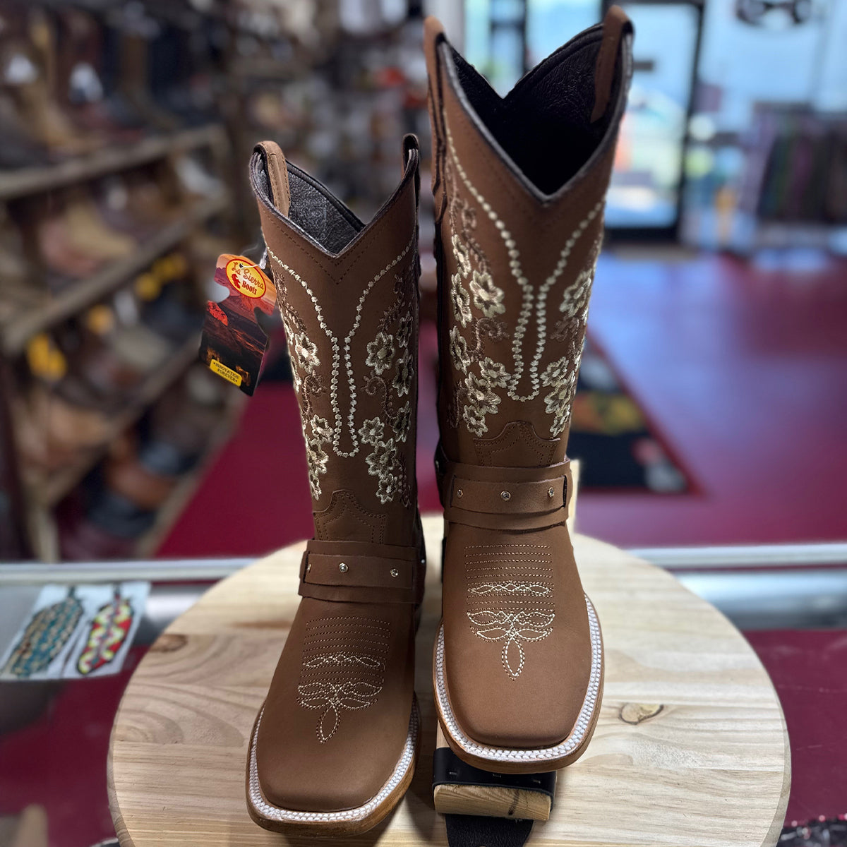 Women's Tan Brown Square-Toe Boots with Floral Embroidery