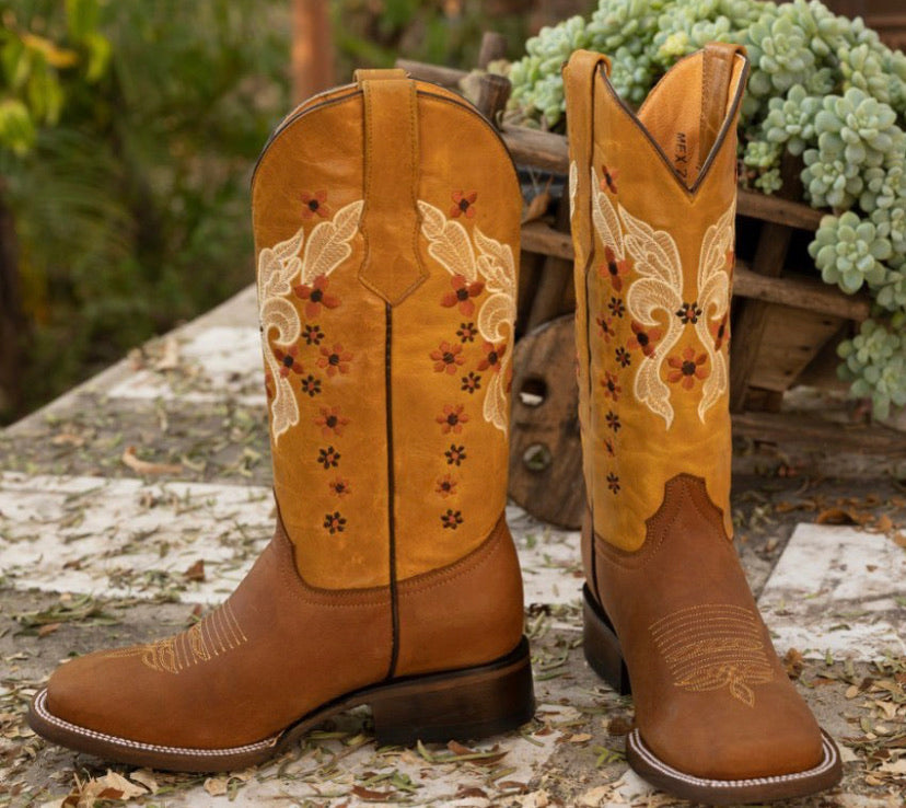 Women's Flowered Butterfly Western Boots with Square Toe