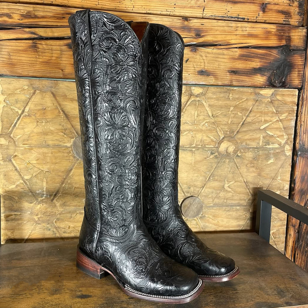 Black Tall Tooled Cowgirl Boots with Square Toe