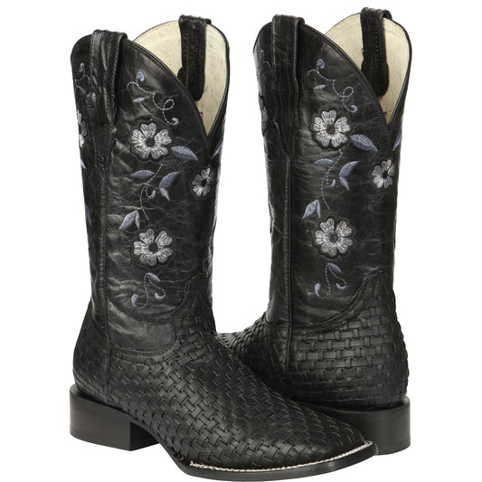 Black Petatillo Cowgirl Boots with Stylish Square Toe