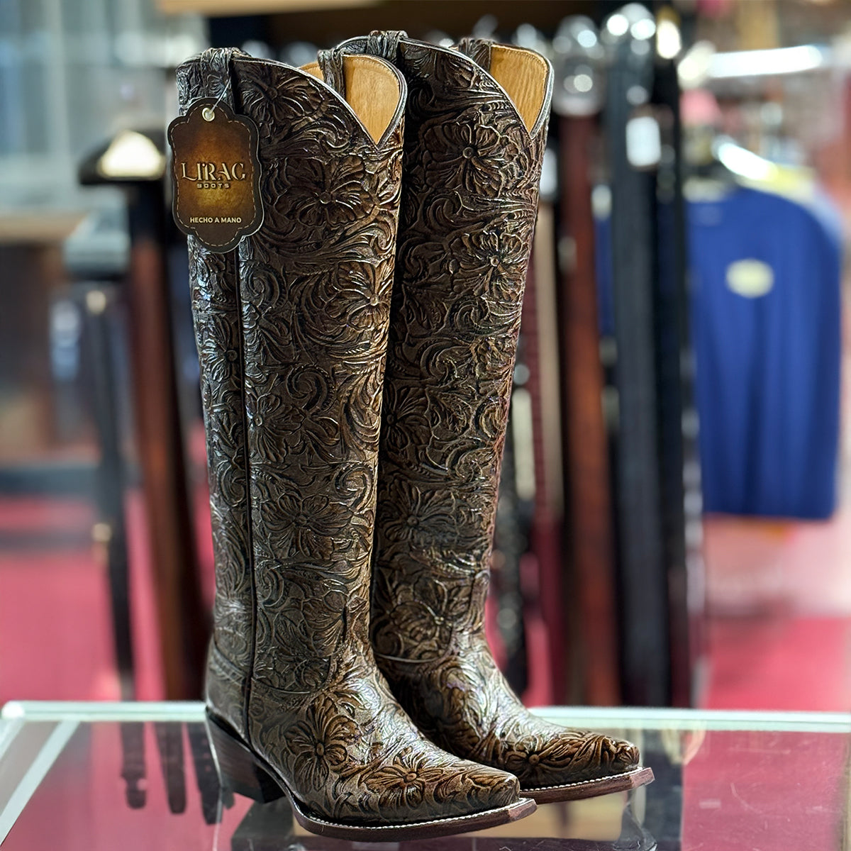 Women's Brown 17-Inch Tall Tooled Cowgirl Boots with Snip-Toe Design