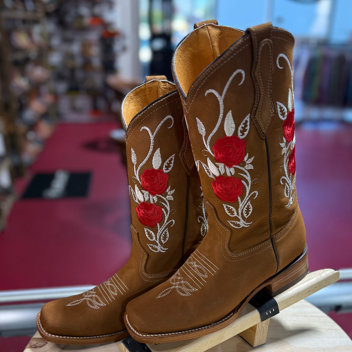 Red Rose Cowgirl Boots with Square Toe