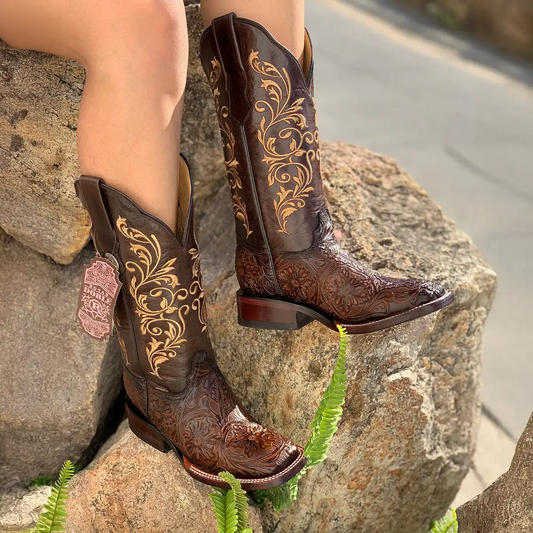 Doble R Floral Tooled Square-Toe Cowgirl Boots