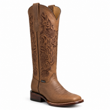 Valencia brown floral embroidered tall cowgirl boot, three-quarter view