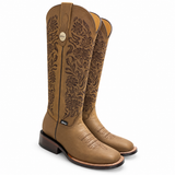 Valencia brown embroidered boots, side view of pair