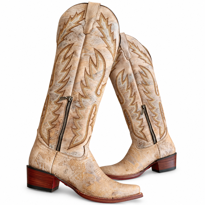 Appaloosa tall distressed beige snip-toe boots with embroidery and side zippers