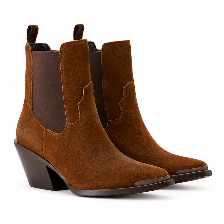Women's Ariat Shiloh brown suede pointed-toe Chelsea booties, pair view on white background
