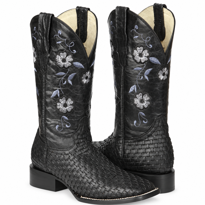 Black Petatillo square-toe boots showing woven vamps and floral embroidered shafts