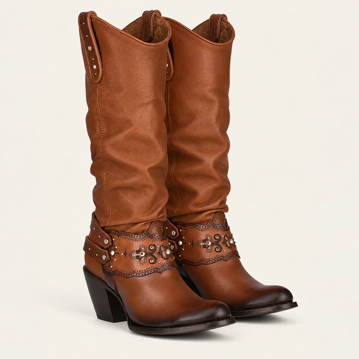 Women's Honey Leather Harness Boots – Round Toe – savenyfashion
