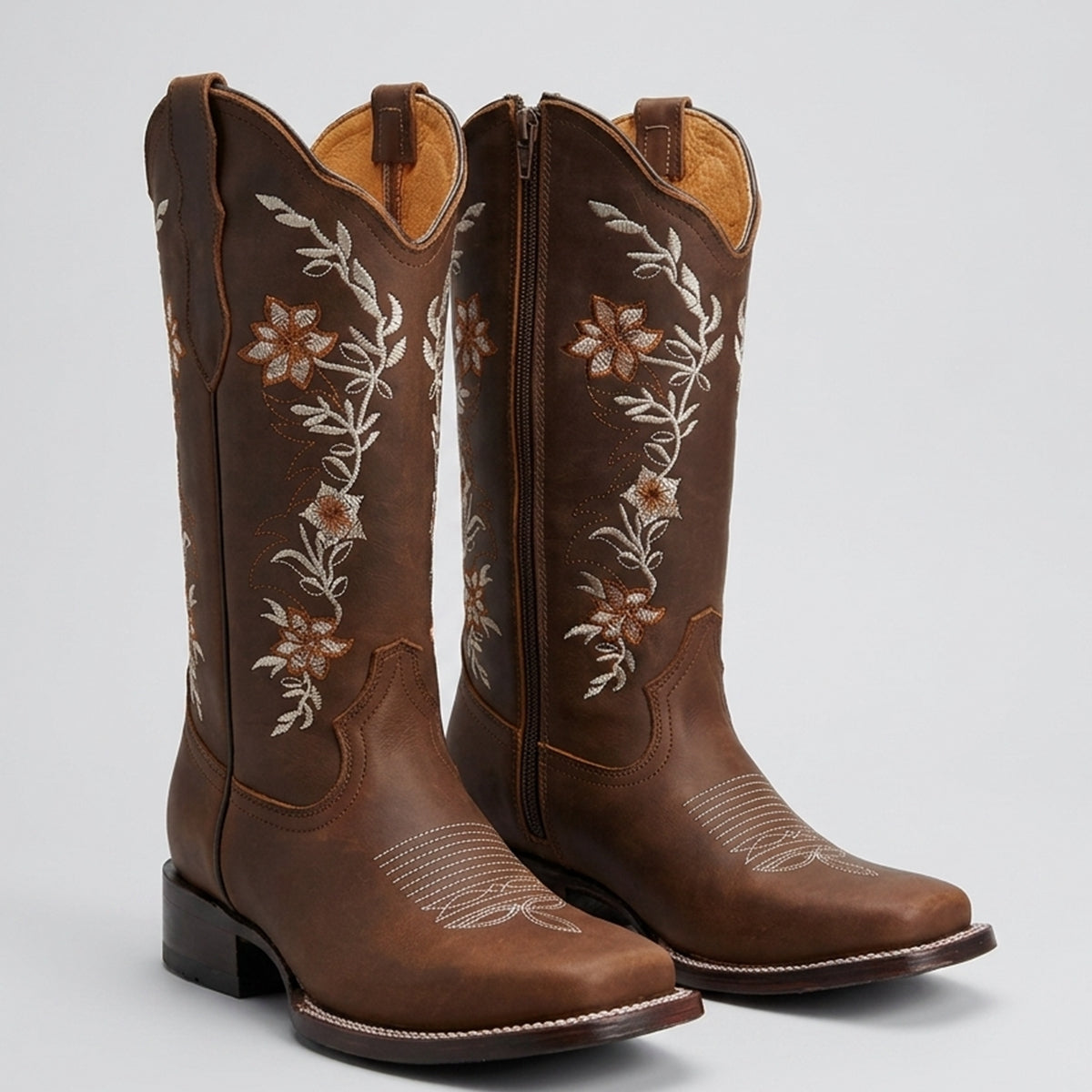 Crazy Brown Embroidered Square-Toe Cowgirl Boots