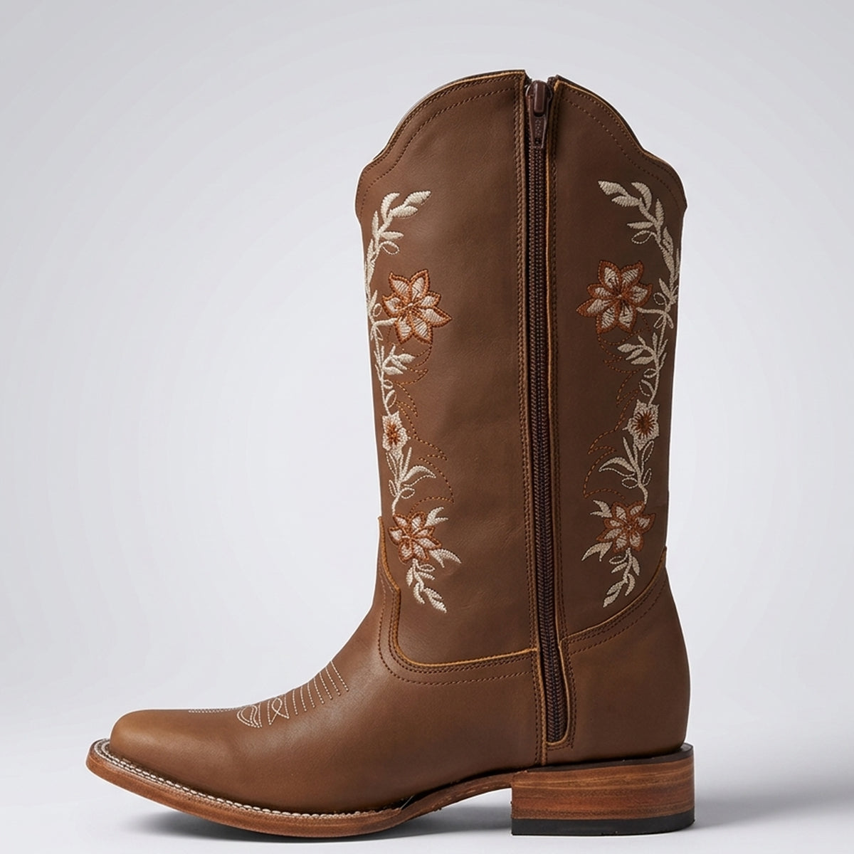 Tang Floral Embroidered Square-Toe Western Cowgirl Boots