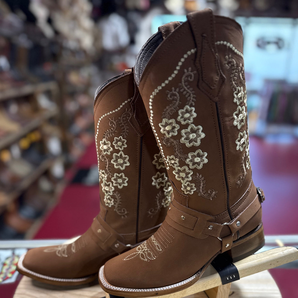 Women's Tan Brown Square-Toe Boots with Floral Embroidery