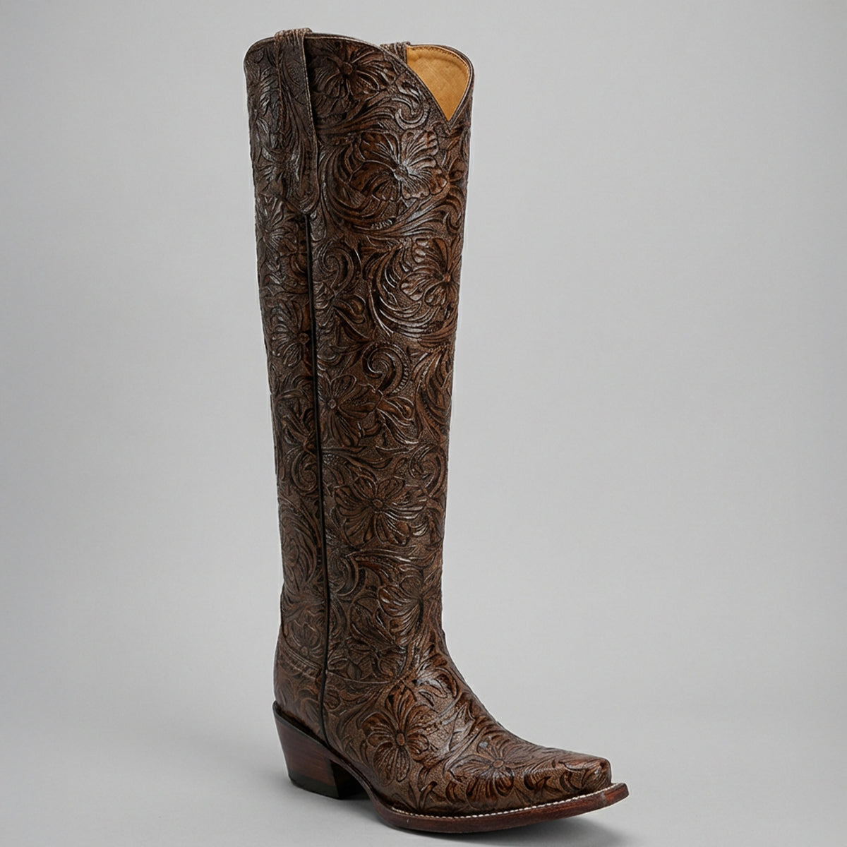 Women's Brown 17-Inch Tall Tooled Cowgirl Boots with Snip-Toe Design