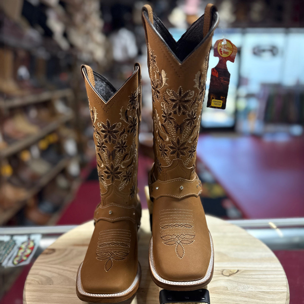 Women's Brown Square-Toe Boots with Floral Embroidery