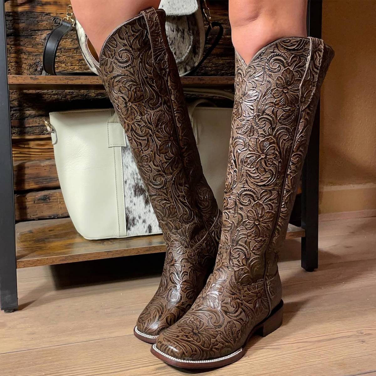 Lirac Brown Tall Tooled Square-Toe Cowgirl Boots