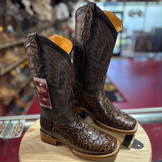 Brown Tooled Square-Toe Cowgirl Boots