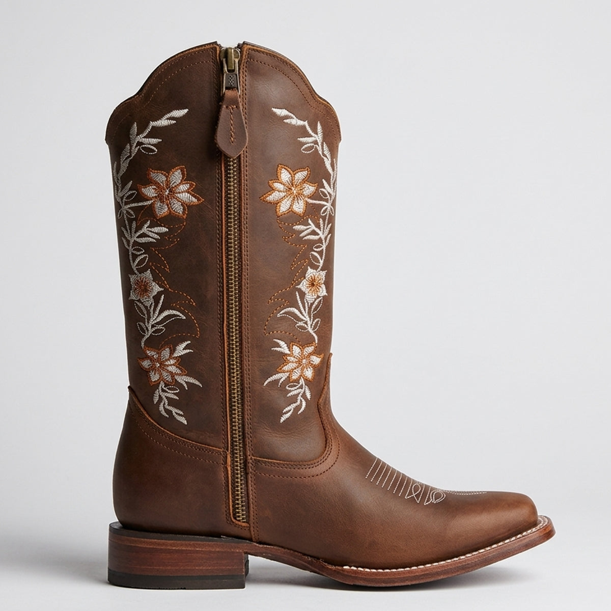 Crazy Brown Embroidered Square-Toe Cowgirl Boots